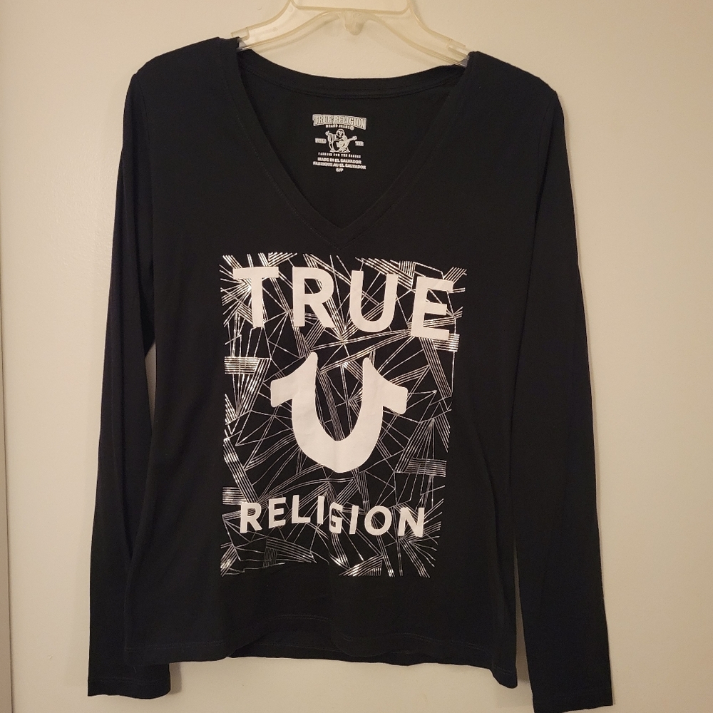 True Religion Black Long Sleeve V Neck Tee with Silver Horseshoe Logo, Size S